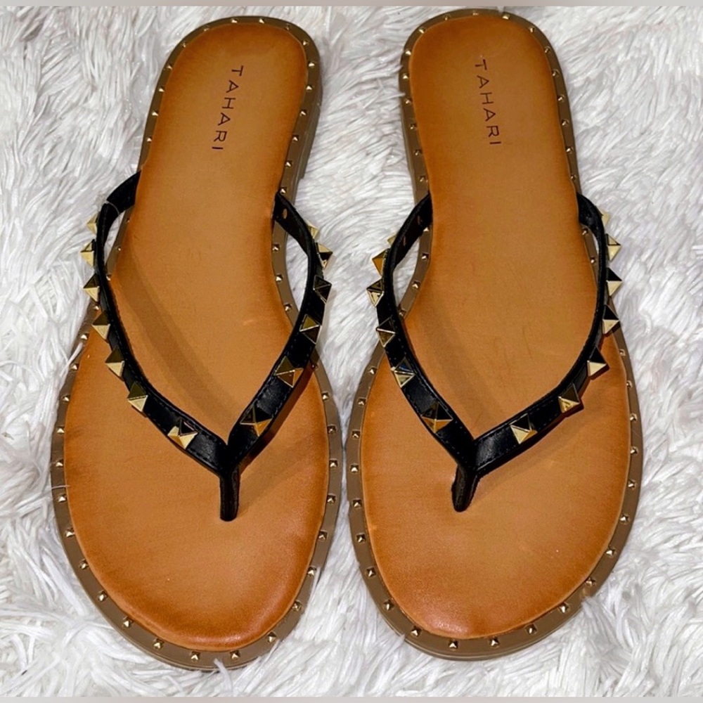 Tahari Black and Tan Gold Studded Sandals Women’s Size 7.5 - 8.5